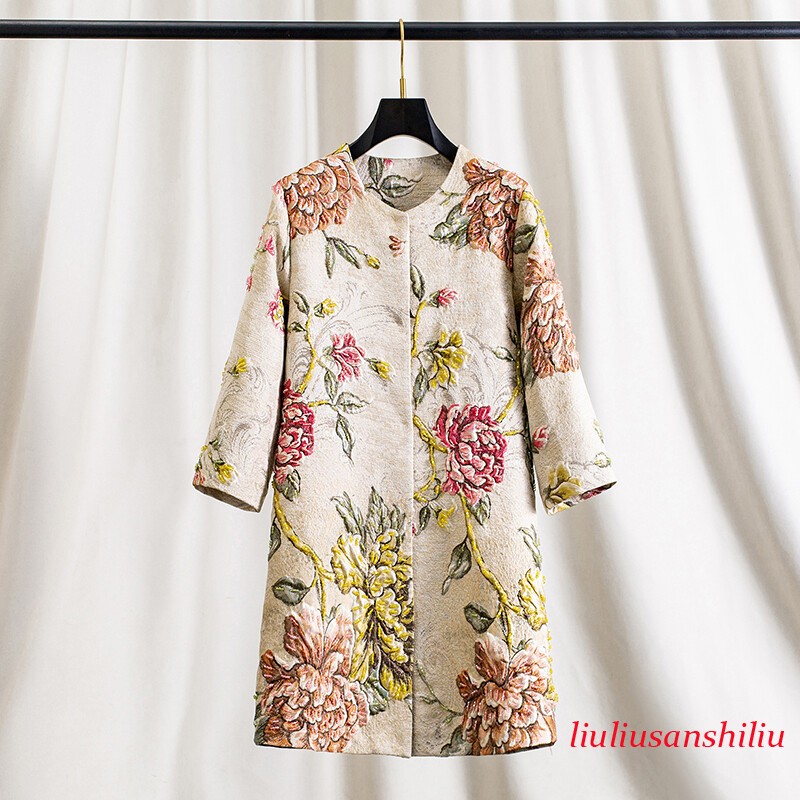 Spring Autumn Womens Mid Long Trench Coat Beads Overcoat Floral Print Embroidery