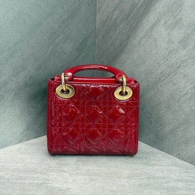 Authentic Dior Lady Dior Mini Leather Red Cannage Bag Gold