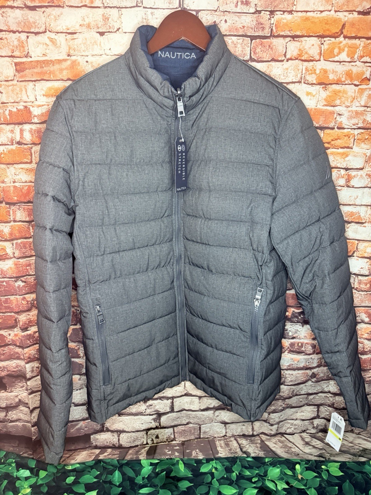 Nautica Stretch Reversible Puffer Jacket Heather Gray/Blue Mens Size Medium