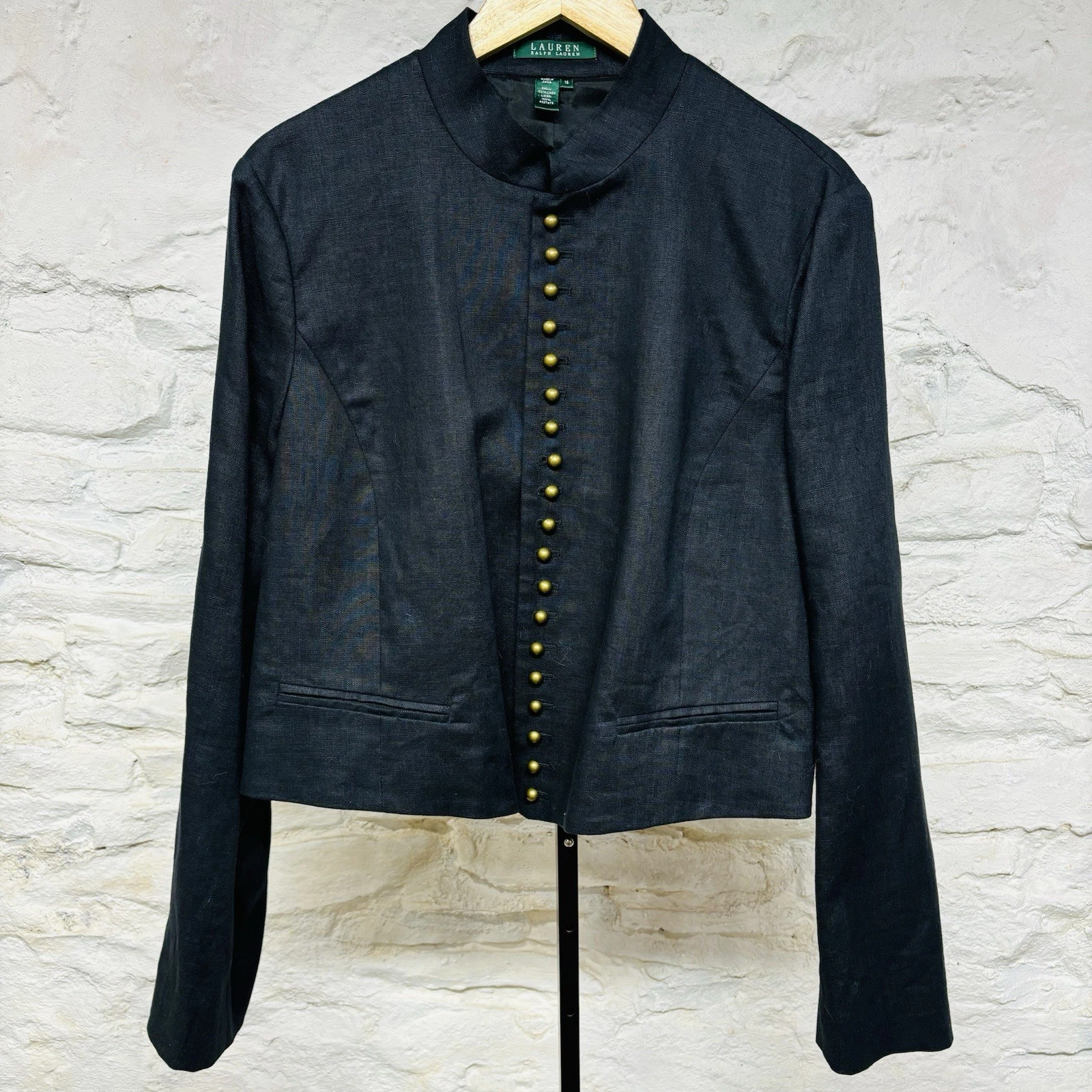 Lauren Ralph Lauren Black Linen Mandarin Collar Jacket Military Gold Button