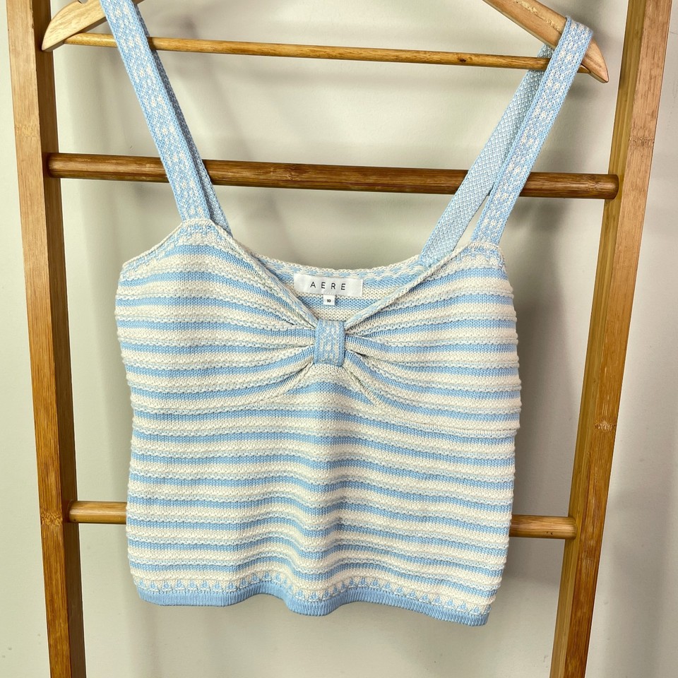 Aere Tank Top Womens 10 White Blue Striped Knit Sweetheart Cropped Sleeveless