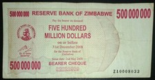 2008 Zimbabwe 500 Million Dollars Bearer Cheque P60 ZA0008033 Replacement Note. 