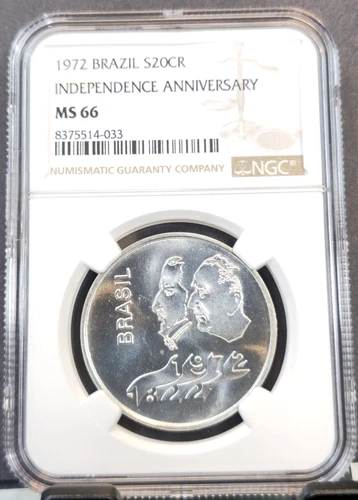 1972 BRAZIL SILVER 20 CRUZEIROS INDEPENDENCE ANNIVERSARY NGC MS 66 SCARCE GEM