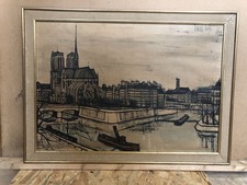 Tableau Bernard BUFFET 1956 Notre Dame De PARIS + Cadre Bois Vintage #C947