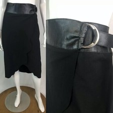Bebe Women's Medium Black Faux Leather Asymmetric Buckle Sheath Wrap Skirt