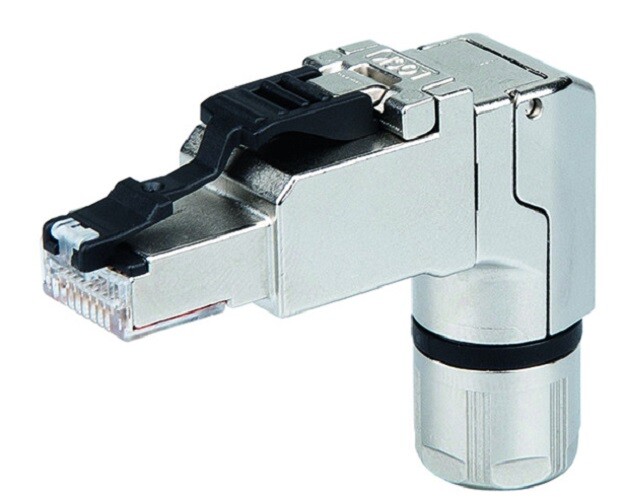 RJ45 mâle coudé évitez la torsion du câble réseau avec la fiche Telegärtner Cat.6A MFP8