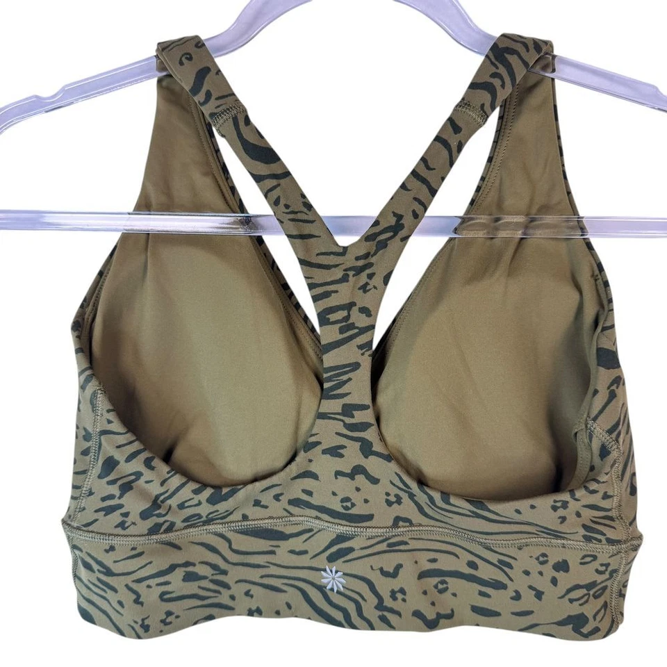 Athleta Animal Print Sports Bra Olive Green Leopard Plunge Workout Top Size S - Image 2 of 4