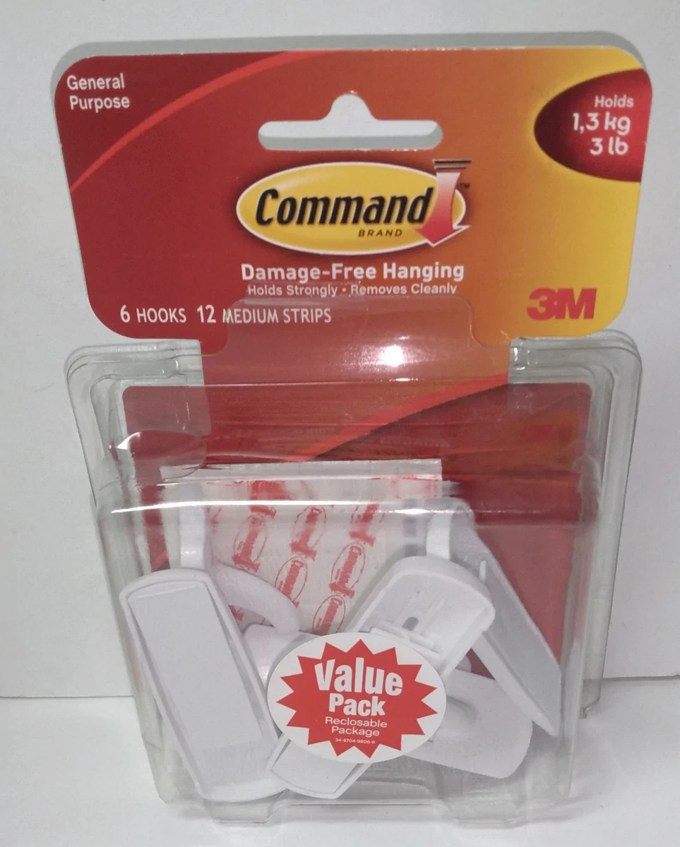 3M Command 6 Utility Hooks 12 Medium Strips 17001 VP 6 PK