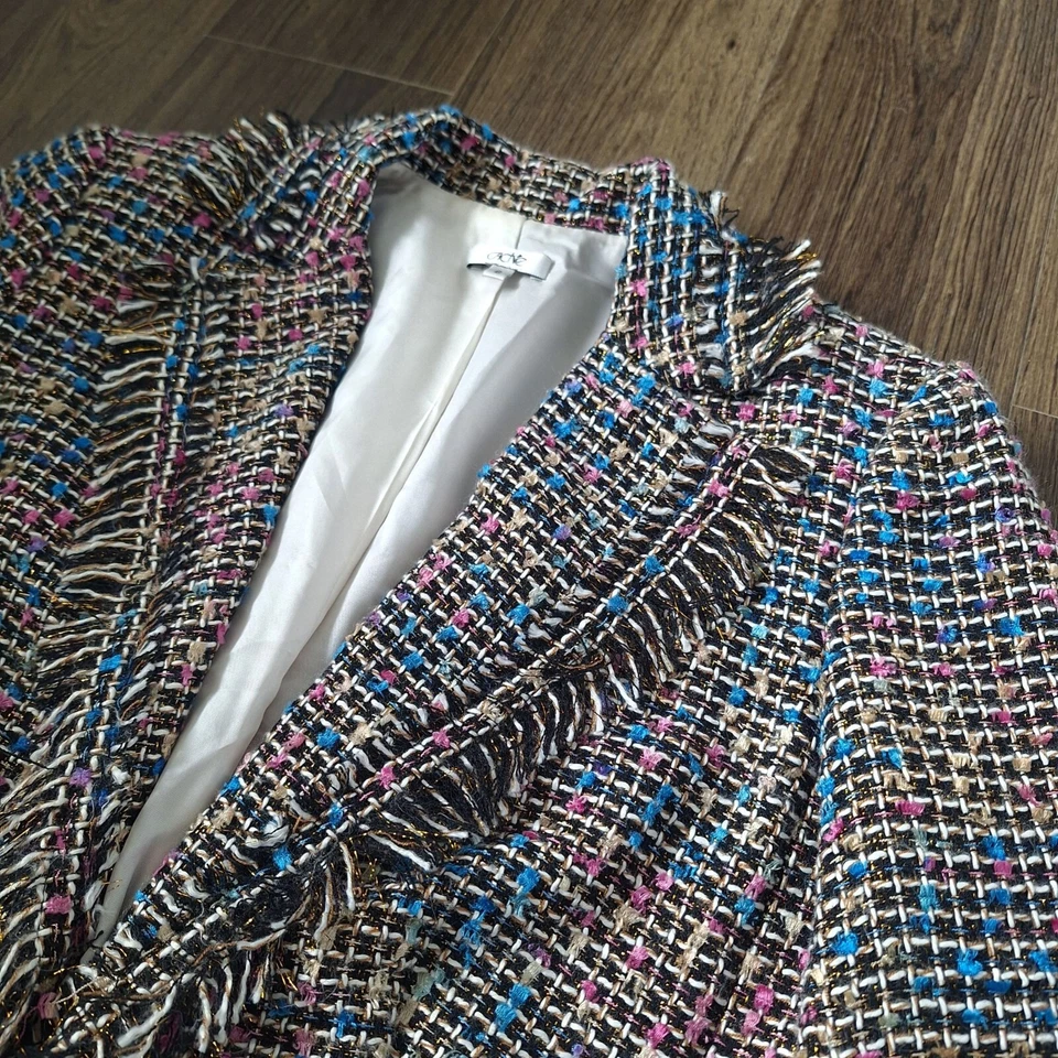 💙 缓存复古 90 年代粗花呢腰带肩垫西装外套 6 码金色线 — 第 3/4 张图片