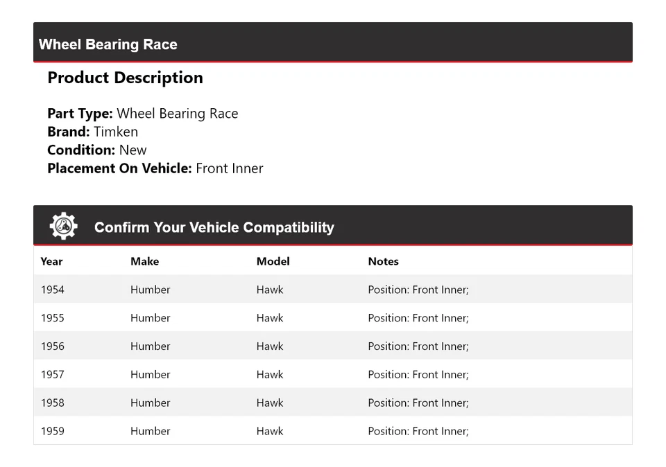 Cojinete de rueda interior delantero de carrera Humber Hawk 1954-1959 Timken 1955 1956 1957 Foto 2 de 4