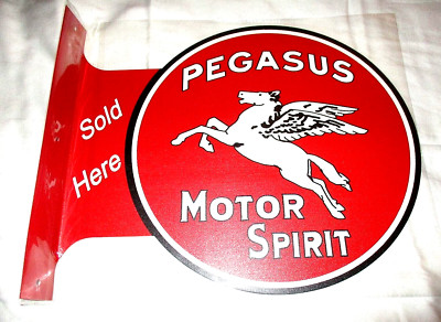 PEGASUS MOTOR SPIRIT  (Mobil)- Double-Sided Imprint Metal Flange Sign #3a  NEW