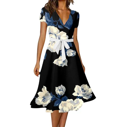 Damen Midikleid V-Ausschnitt Sommer Sommerkleid Damen Freizeit Urlaub Kurzarm - Bild 7 von 17