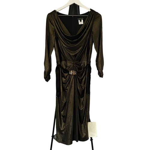 NWT Tadashi Shoji Gold Metallic Long Sleeve Draped Jeweled Belt Dress Medium - Picture 2 of 15