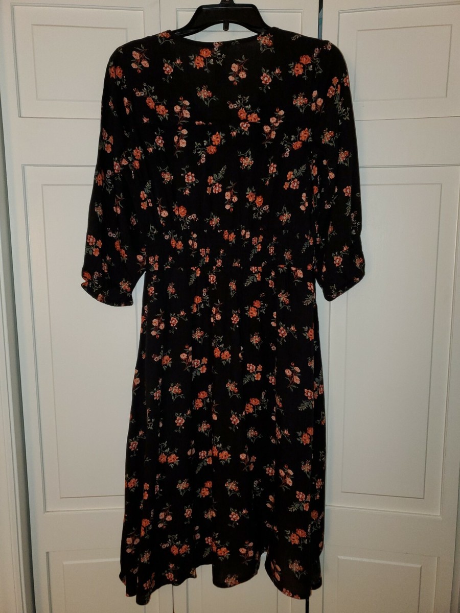 American Rag - Button Up Hi-Low Dress - sz XS -Black Floral - Tie Waist -  V-Neck