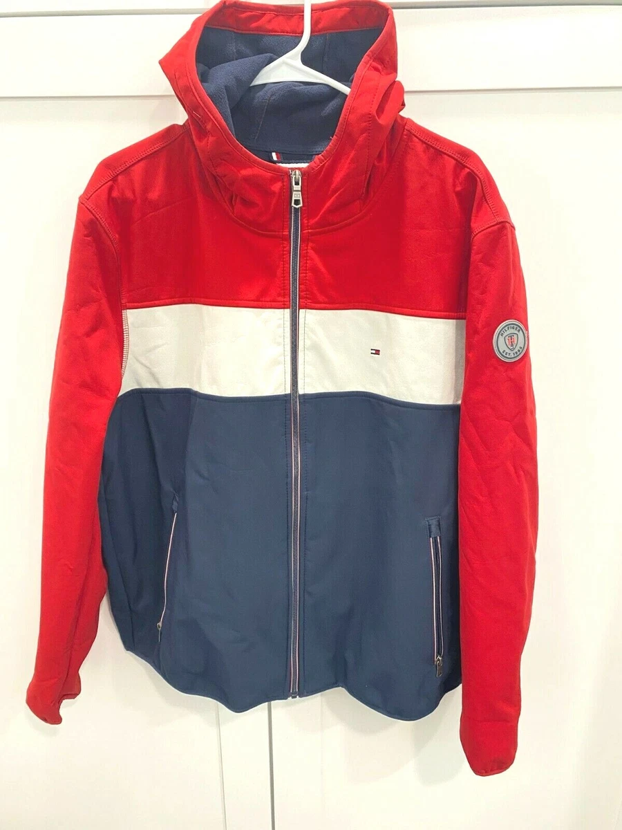 Tommy Hilfiger Jacket Mens Sz XL Red Blue White Zip Up Hoodie Jacket Excellent! |