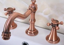 Red Copper Deck Mounted 3 Holes Bath Tub Mixer Tap Widespread Bathroom Faucet