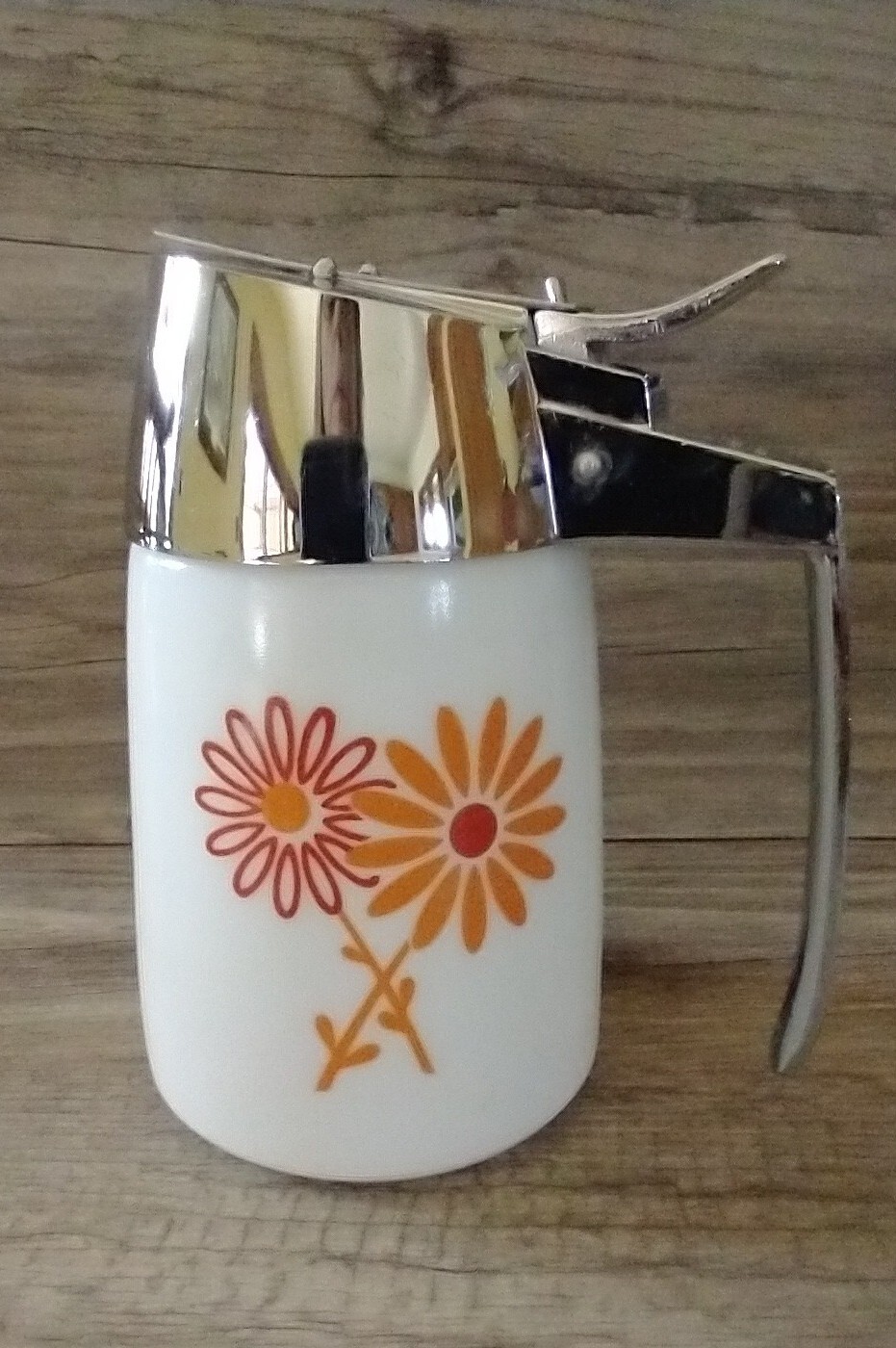 Vintage Orange Daisy Milk Glass Dripcut Santa Barbara Syrup Sugar Dispenser Jar