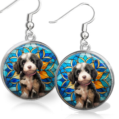 Bernedoodle Puppy Dog Earrings Faux Stained Glass Art Bernedoodle Dog Mom Gift