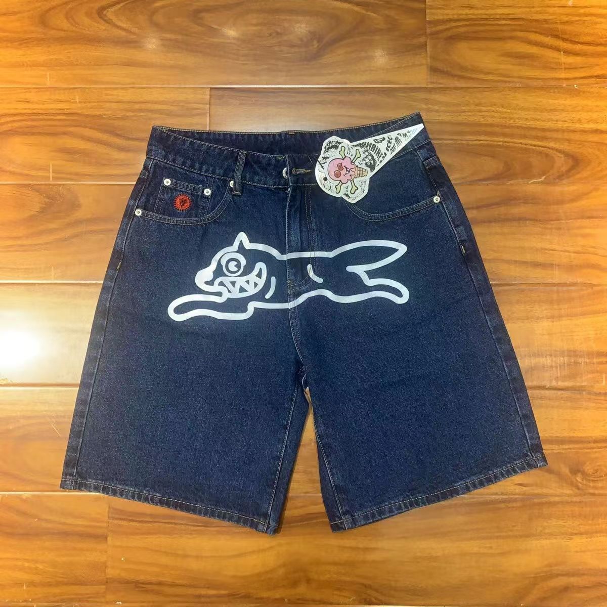 Mens Summer BBC Blue denim Shorts IceCream Run Dog Classic jeans