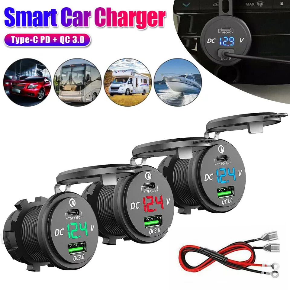 USB C Car Charger QC3.0 & 46W PD Type C 12V 24V USB Marine Boat Outlet Socket - Image 2 of 4