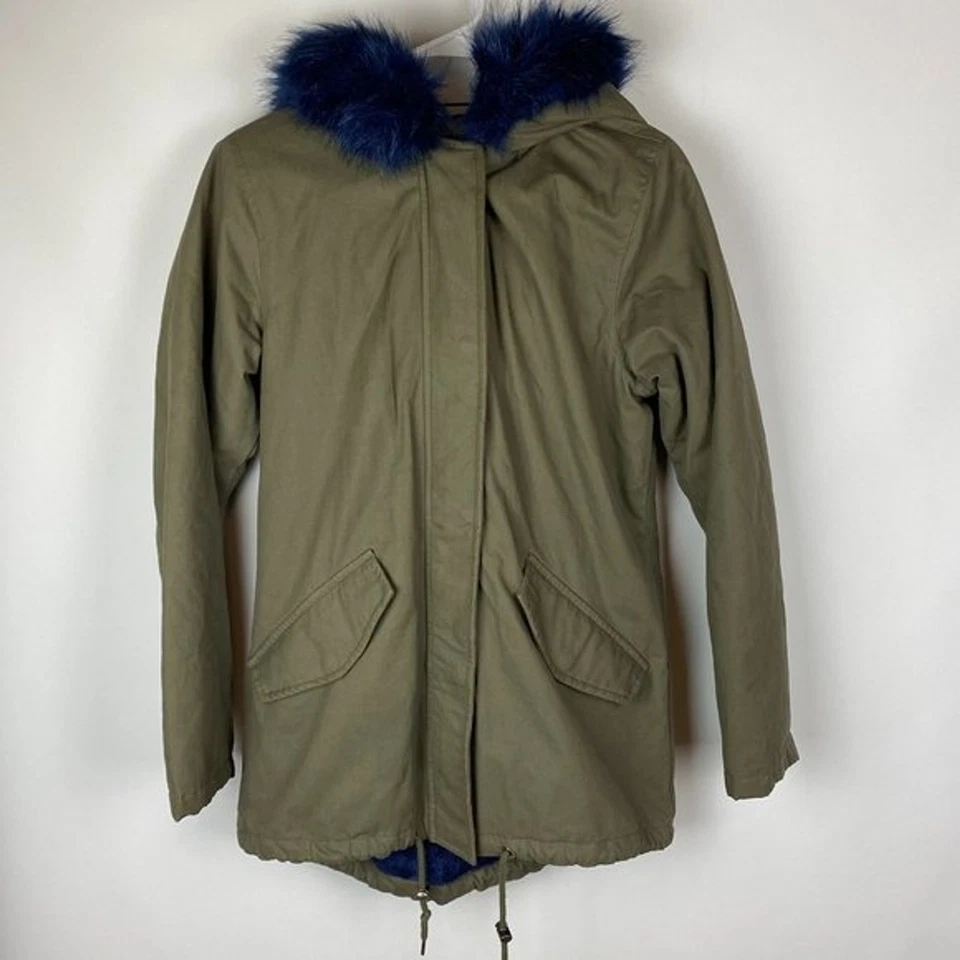 Jaqueta Brave Soul Parka Feminina Extra Pequena Verde Oliva Azul Com Capuz Pele Sintética - Imagem 2 de 4