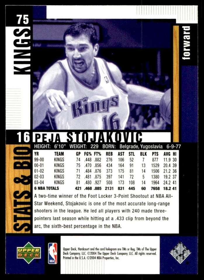 2004-05 Upper Deck Hardcourt Peja Stojakovic Sacramento Kings #75 - Image 2 of 2