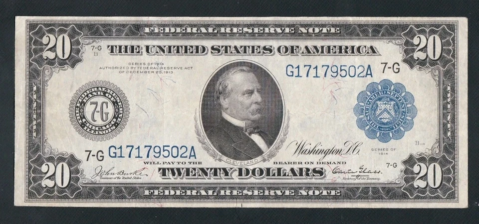 BEAUTIFUL RARE BURKE/GLASS SIGNATURES 1914 $20 FRN. NO PINHOLES OR TEARS - Image 2 of 3