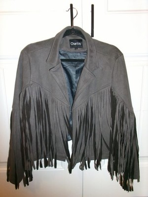 Chartou Women Grey XL Suede Fringe Western Cropped Jacket Boho Cowgirl Festival