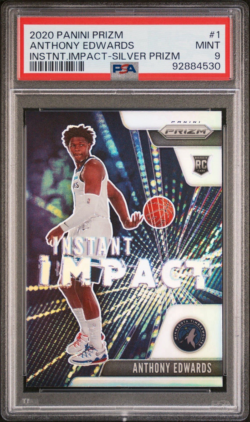 Panini 2020-21 Prizm Instant Impact Anthony Edwards #1 Silver Prizm RC PSA 9