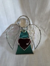 Stained Glass Angel Ornament W Red Heart And Bead Adornment
