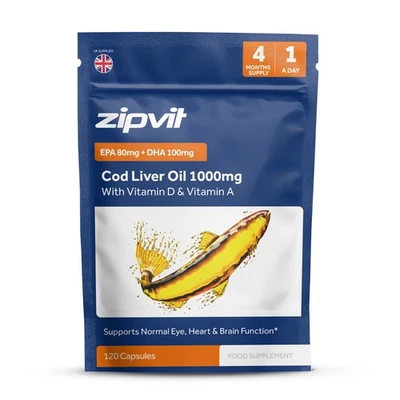 Zipvit Cod Liver Oil 1000mg Capsules Support Heart, Brain, Blood Pressure Health