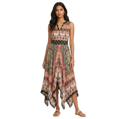 Bila Women XL Maxi Dress Multicolor Boho Paisley Smocked Waist Sharkbite Hem