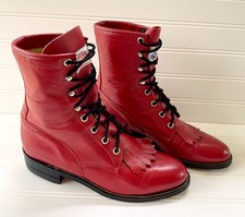 Justin Vintage Red Leather Lace Up Kiltie Roper Boots Womens L503 Size 6.5 7