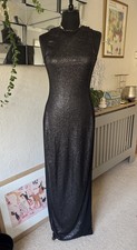 PRETTY LITTLE THING MATT BLACK SEQUIN LONG DRESS- SIZE 12 -NWT