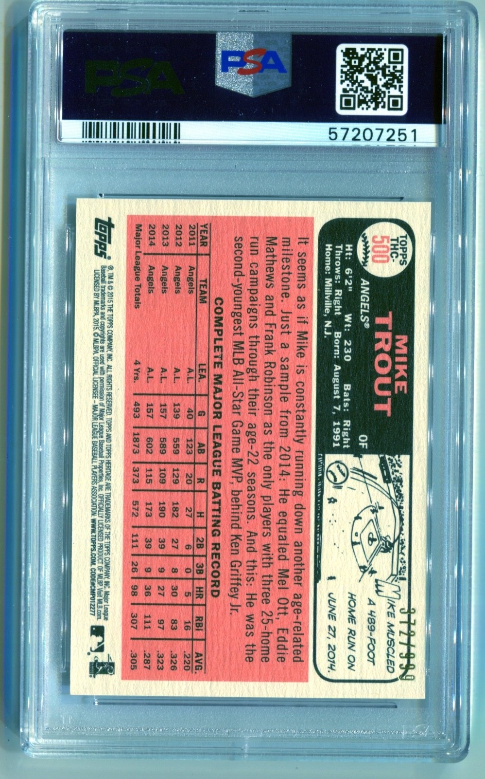 Mike Trout 2015 Topps Heritage Gray Jersey Chrome /999 PSA 9 #500 Angels view 2