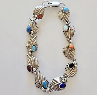 OLD PAWN Navajo 8" Sterling & Multi stone Leaf LINK Bracelet .925 Turquoise
