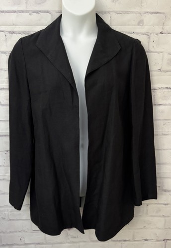 Coldwater Creek Size 14 Black 100% Linen Open Front Blazer Coat Jacket Career
