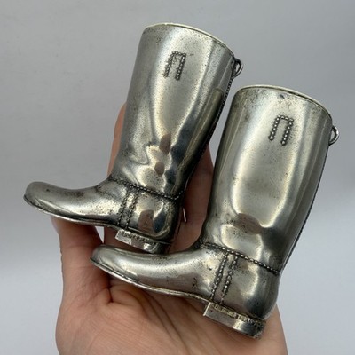 Vintage versilberte Stiefel Schnapsgläser Jigger Paar England 1oz 1,5oz 3,74in