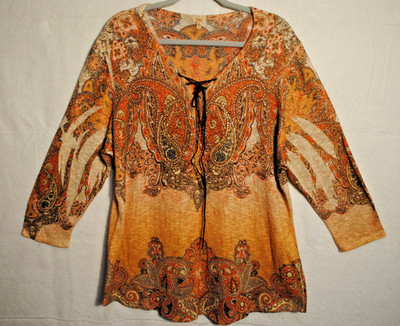 Reba Woman Sweater  2X Beige Rust Paisley Beaded Western Lace Up Lightweight