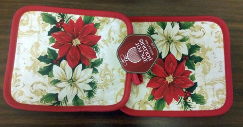 Set of 2 Printed JUMBO Pot Holders, 7" x 8", RED & WHITE FLOWERS, red back - Picture 4 of 9
