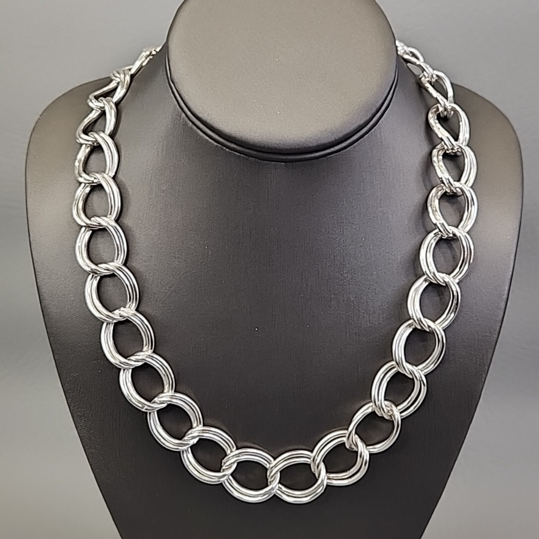Chain Necklace Double Curb Link Silver Tone Chunky Jewelry