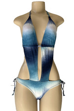 Blue White Halter Monokini One Piece Bikini Swimwear Swimsuit Bathing Suit  S