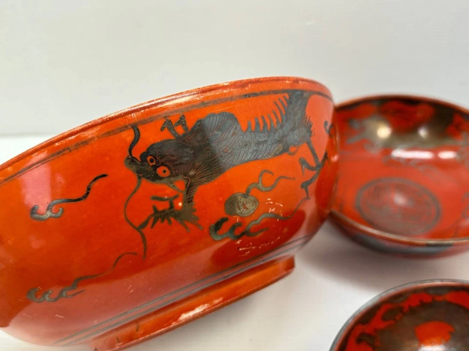 Juego 3 cuencos antiguos japoneses de porcelana Kutani naranja y plata dragón circa 1920 Foto 3 de 4