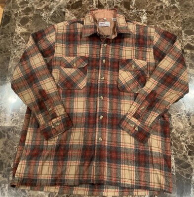 VTG Sears Perma Prest VIBES Yellow Plaid Shirt Astor 70s L WOOL LINED HTF *READ*