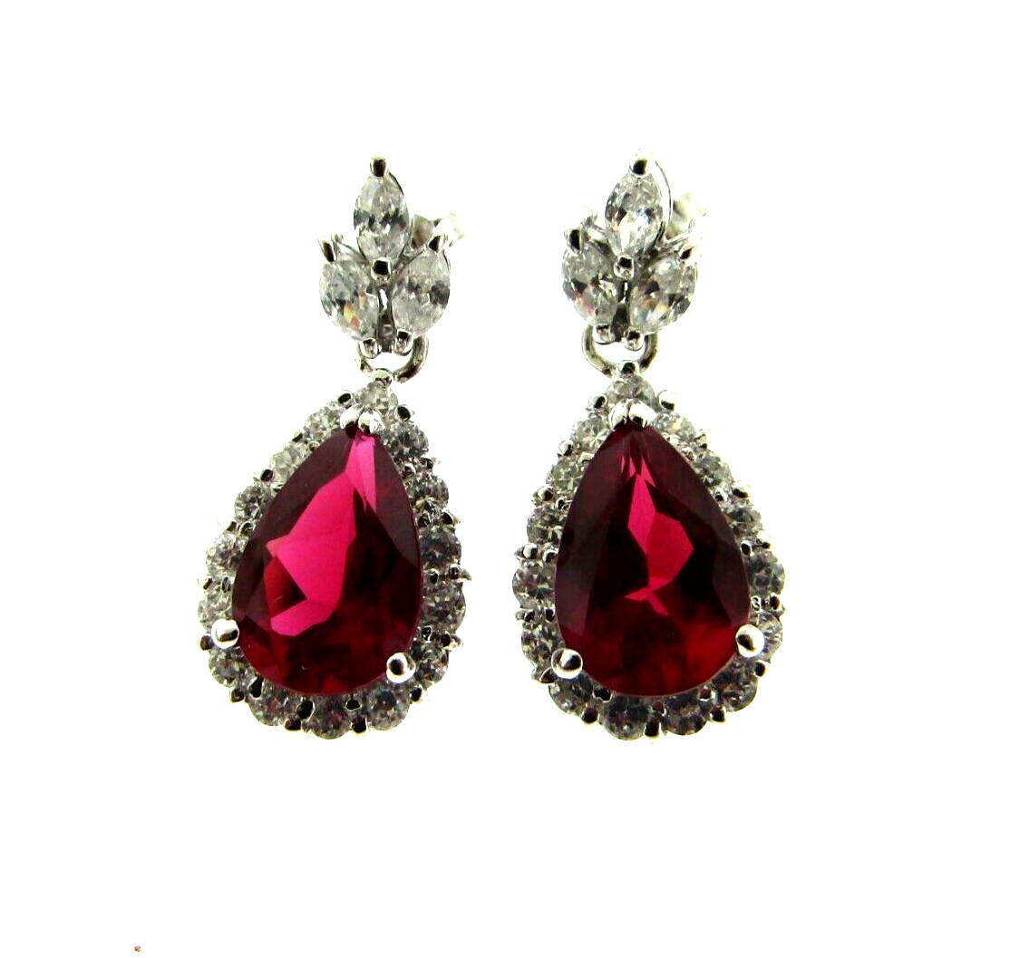 Simulated Ruby Dangle Earrings 925 Sterling Silve… - image 5