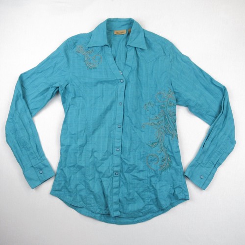 Wrangler Western Camicia Cowboy Donna Taglia S Ricamata Bottone a Scatto Teal