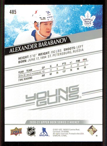 2020-21 Upper Deck #485 Alexander Barabanov Young Guns RC - Picture 2 of 2
