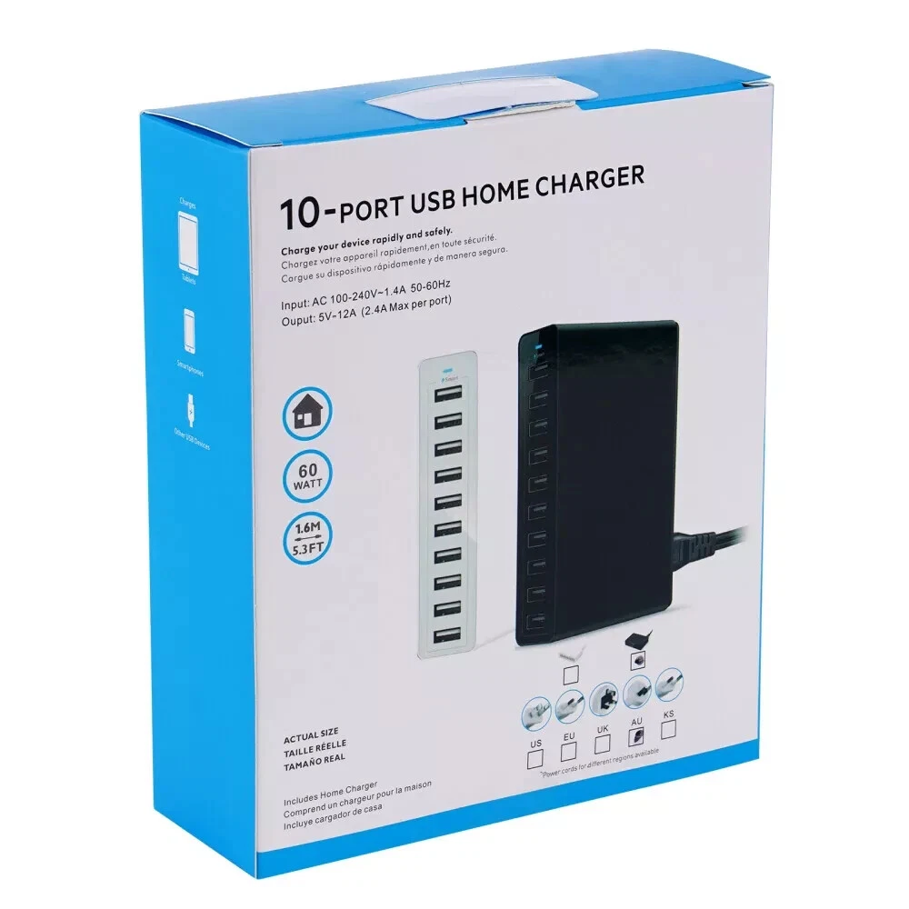 60W 10-Port USB Charging Hub Fast Wall Charger for Multiple Devices