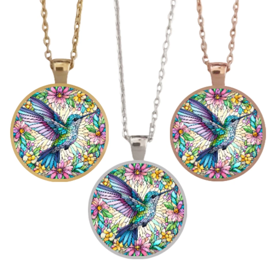 Colorido colgante/collar bisel colibrí tono plata oro o oro rosa Foto 2 de 4