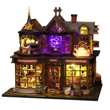 DIY Miniature House Kit with LED Lights, Wizard Dollhouse, 3D Wooden Doll Hou...